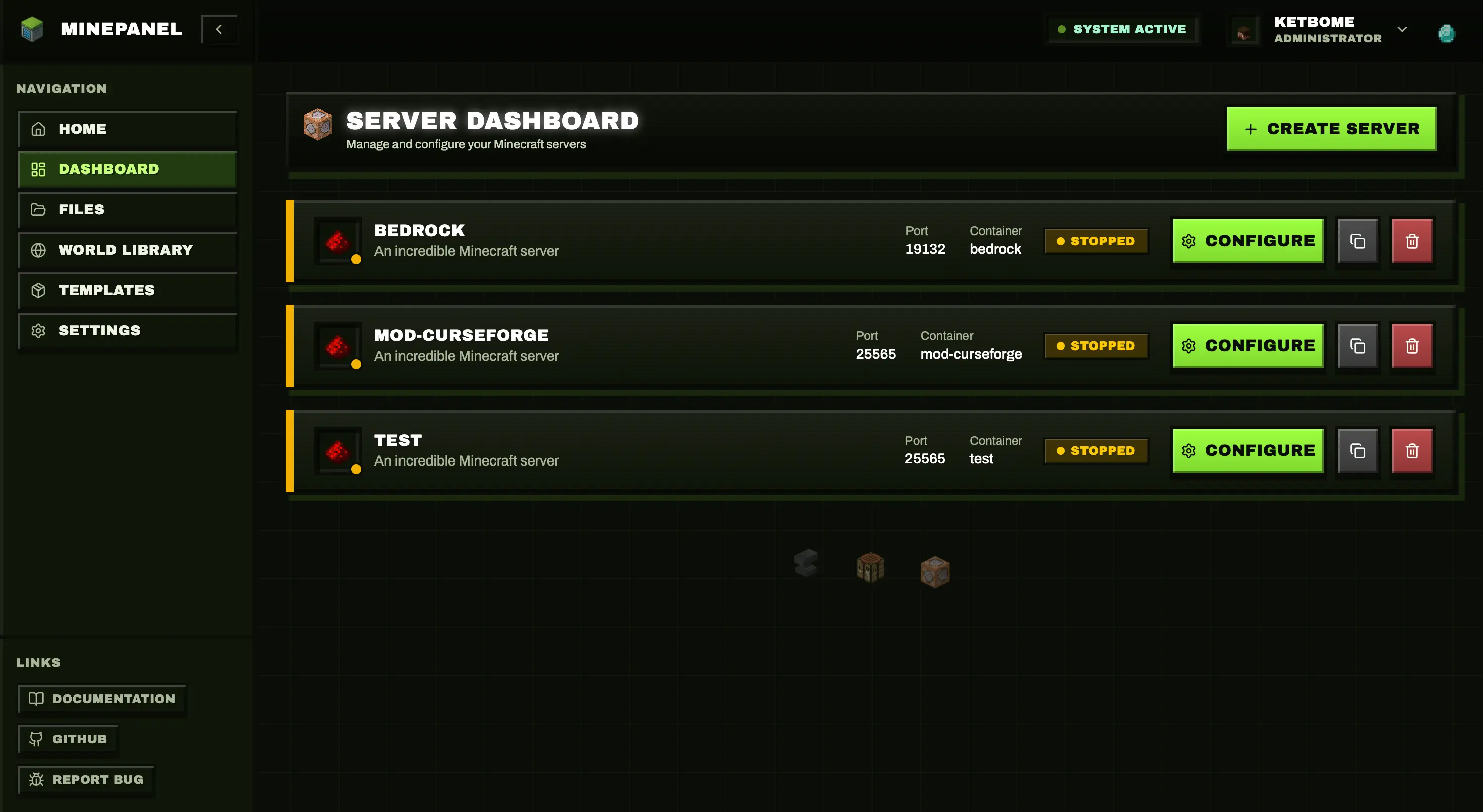Minepanel dashboard showing server stats, system status, and quick actions